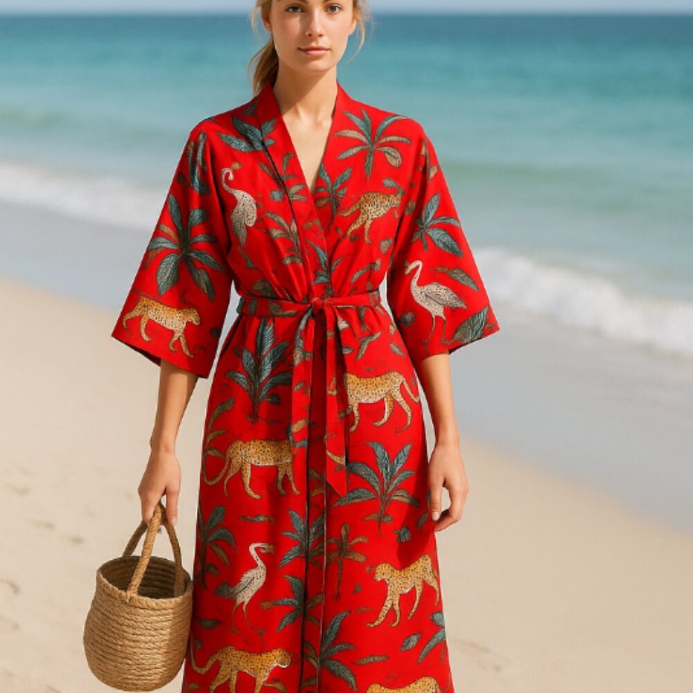 100% Cotton Bath Robe /Kimono Red One Size